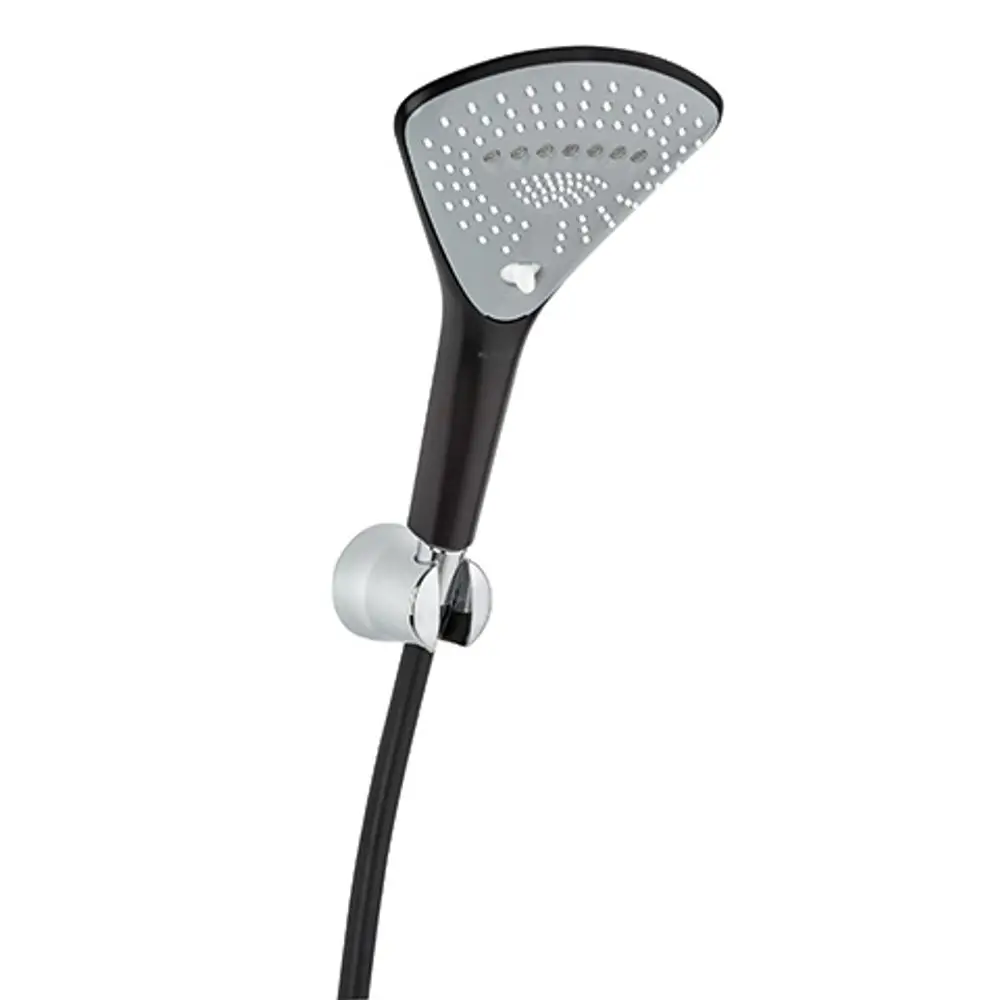 Brausekopf in mattschwarzer und chromfarbener Ausführung mit mehreren Wasserstrahlmöglichkeiten, befestigt an einem schlichten Halter. Produkt von Kludi.